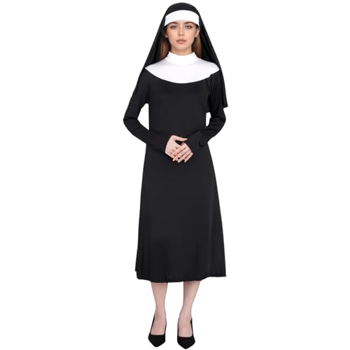 mifengda Halloween Women Nun Costumes Adult Nun Outfit Black Women Nun Costume Dress with Headpiece for Dress Up Party Cosplay (Extra Large)