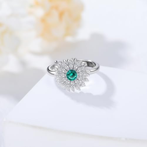 Emerald Sunflower Design Ring 925 Sterling Silver Round Cut 3.5 mm Emerald Sunflower Engagement Ring for Women2