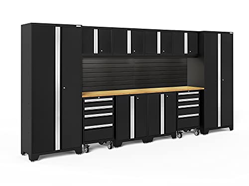 NewAge Products Bold Series Black 12-Piece Cabinet System, Steel Garage Storage Cabinets, Bamboo Worktop with Slatwall & LED Lights, 40458