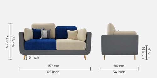 Image of Modern & Luxury Cushioned Couch Relax sectional Sofa in Fabric & Velvet and Heavy Duty Sofa Ideal for bedrooms, Living Rooms, Guest Rooms, Homes, and Office-(2 Seater Blue & Beige).