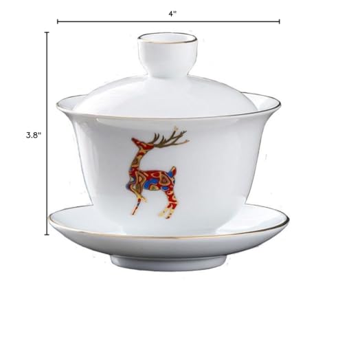Image of Porcelain Gaiwan 8oz Teacup White Glazed Tureen Chinese Sancai Cover Bowl Lip Cup Saucer Set (Red Deer)
