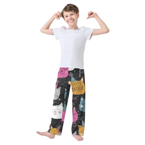 Birthday Cat Boys Long Pants Soft Trousers Elastic Waist Kids Lounge Bottoms with Pockets S-XL3