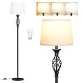 Ambimall Floor Lamps for Living Room - 3 Color Temperature Standing Lamp, Farmhouse Black Floor Lamp with White Shade, Vintage Modern Tall Light for Bedroom Office Corner(9W Bulb Included)