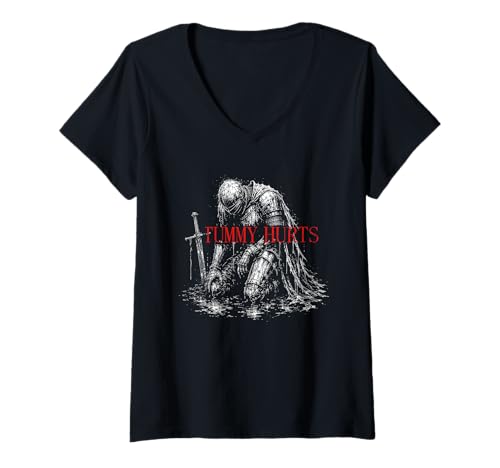 Women's Tummy Hurts Funny Medieval Knight Dark Humor Art V-Neck T-Shirt