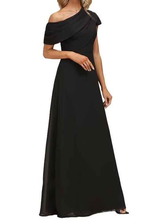 Mother of The Bride Dresses Pleated A-line One Shoulder Floor Length Chiffon Short Sleeves Long Formal Evening Gowns4