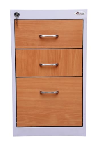 Image of Shubham Furnitures 3 Drawer Steel Pedestal Cabinet | Lockable Powder Coated Filing Cabinet for Files, Documents & Stationery | Office Storage Unit (Light Grey, Pedestal with Levellers)