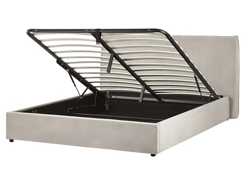 Image of Beliani with Slatted Base with Storage Upholstered Sturdy Frame Ottoman Bed 160x200 Cm Eu King Size Velvet with Wood Legs Beige Lavaur