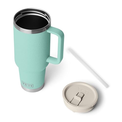 Image of YETI Rambler 40 oz Travel Mug with Flip Straw Lid - Stainless Steel, Vacuum Insulated, Leakproof, Cup Holder Friendly, Sea Stone