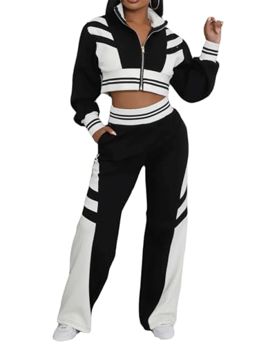 KANSOON Women Sweat Suits 2 Piece Set Color Block Crop