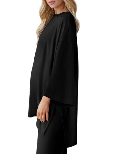 Maternity Pajamas Sets 2 Piece Lounge Outfits Long Sleeve Shirts and Long Pregnancy Loungewear with Pockets Black L - Image 5