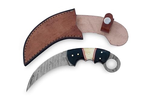 NY BLADES Custom Handmade Damascus Steel Karambit Knife with Full Metal Handle and Leather Sheath (Style 5)