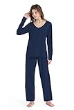 Chamllymers Pajama Sets for Women V Neck Long Sleeve Sleepwear Cotton Pj Sets S-3XL Navy S