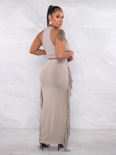 Image of 2 Piece Outfits for Women Sexy Halter Neck Sleeveless Crop Tops Ruched Bodycon Dresses Jumpsuits Fringe Skirt Sets