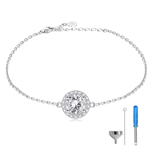 Sterling Silver Cremation Bracelet for Ashes: Memorial Urn Jewelry with CZ Adjustable Keepsake Bracelet for Women