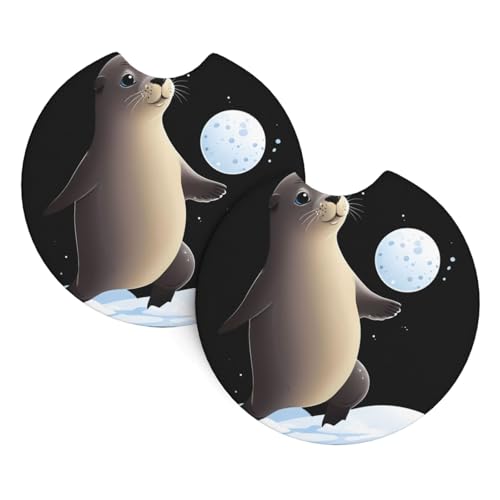 Whjdpp Seal Playing Snowballs Printing Car Interior Cup Holder Pad 2 Pc Waterproof & Quick for Cars, Trucks, Suvs, and Ships