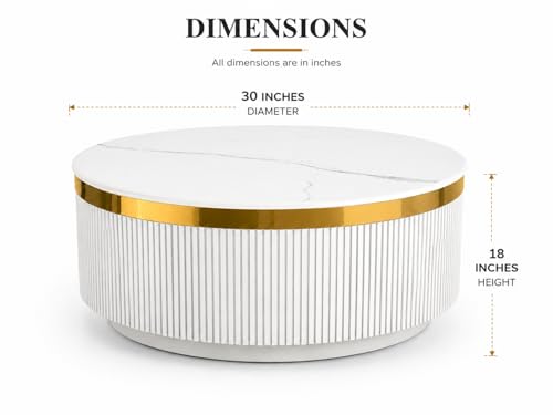 Image of Modern Round Centre Table - 76x76x46 cm | White Marble Top with Gold Accent Strip & Charcoal Louvers | Luxury Coffee & Tea Table for Living Room, Lounge & Entryway (White)