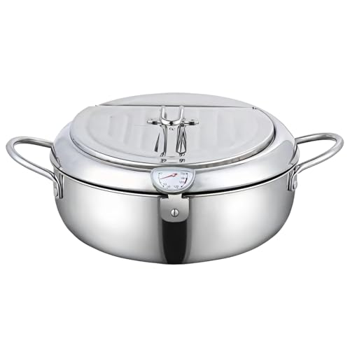 Durable Stainless Steel Japanese Tempura Fryer Pot with Thermometer, Drip Rack & Lid - Perfect for Frying Fish, Shrimp, and Fries on Gas and Induction Stoves