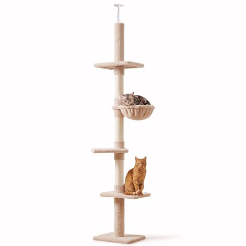 PawHut Floor to Ceiling Cat Tree 230-260cm Height Adjustable Beige