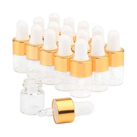 15Pcs Glass Essential Oil Dropper Bottles Clear Mini 1ml/2ml/3ml Perfume Dropping Bottle Cosmetic Sample Vials with Gold Cap and White Latex Cover