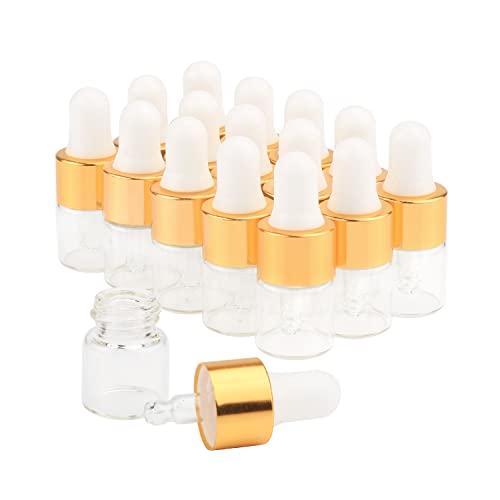 15Pcs Glass Essential Oil Dropper Bottles Clear Mini 1ml/2ml/3ml Perfume Dropping Bottle Cosmetic Sample Vials with Gold Cap and White Latex