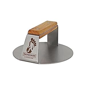 The Sasquash – 6″ Heavy Duty Extra Wide Flat Handle Smashed Burger Press – Commercial Grade One-Piece Welded Stainless Steel Burger Smasher