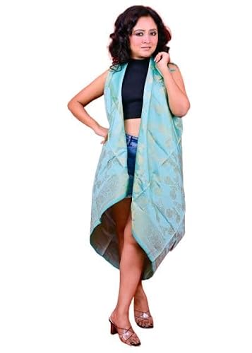 Fartila Women's Green Sea Banarasi Dupatta For Taffeta Silk Ethnic Indian Scarf For Weddings, Festivals, Or Special Occasions Traditional Jacquard Wrap Or Stole