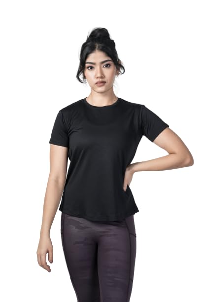Women's Solid Tech Stretch Short-Sleeve Gym Sports T-Shirt Self Design Women Round Neck T-Shirt
