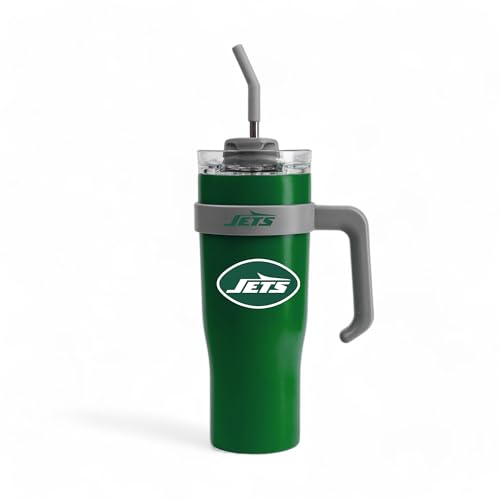 Image of The Memory Company Officially Licensed 46oz Team Color Slim Tumbler with Straw and Handle, New York Jets