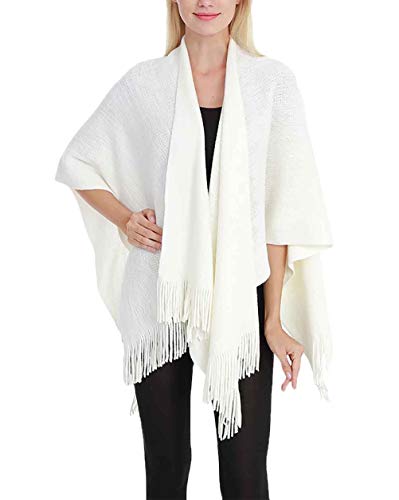 Poncho Femme Elégante Mode Vintage Festives Cape Printemps Automne Simple Uni Manche Chale Sleeveless Avec Frangée Manteau Cardigan Style (Color : Blanc, Size : One Size) Cover