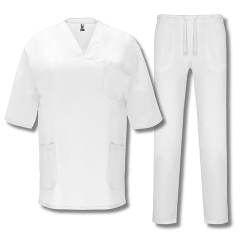 ROLY Uniforme Sanitario Unisex, Casaca Sanitaria, Pijama Sanitario Mujer, Uniforme Limpieza, Ropa de Trabajo, Pijama Enfermera Mujer (FR/ES, Letras, M, Regular, Regular, 2, Blanco 01)