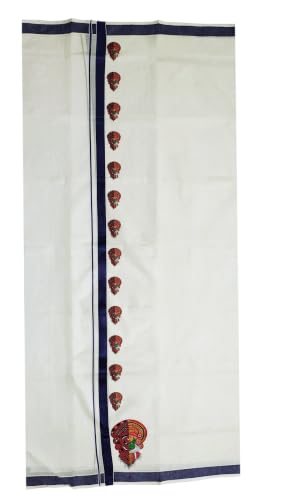 Image of Mens Print along with Border 100% Cotton Cream Dhoti 4.00 Meters Double Mundu /Vesti