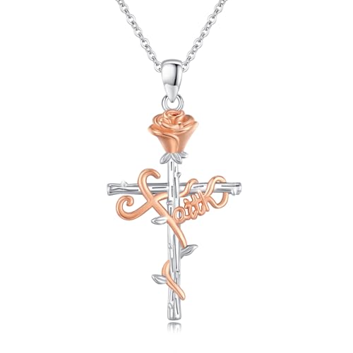 PERZAT Faith Cross Necklace 925 Sterling Silver Rose Necklace Faith Necklace Religious Jewelry Gifts for Women Mom