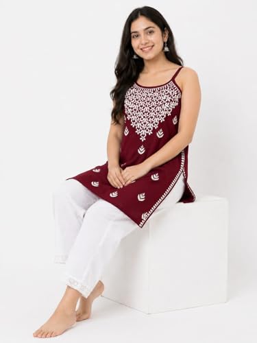 Image of Women's Chikankari Rayon Top Sleeveless Strappy Kurti | Embroidered A-Line Tunic for Women | Summer Ethnic Casual Wear Top with Spaghetti Straps