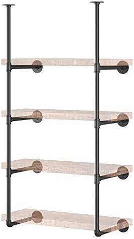Yuanshikj 2Pc (56" tall 12"deep 3/4") Industrial Wall Mount iron Pipe Shelf Shelves Shelving Bracket Vintage Retro Black Open Bookshelf Bookcase DIY Storage office Kitchen (2 Pcs 4Tier Hardware only )