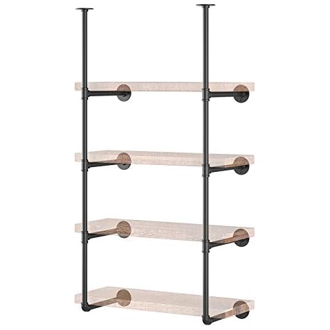 Yuanshikj 2Pc (56" tall 12"deep 3/4") Industrial Wall Mount iron Pipe Shelf Shelves Shelving Bracket Vintage Retro Black Open Bookshelf Bookcase DIY Storage office Kitchen (2 Pcs 4Tier Hardware only ) Cover