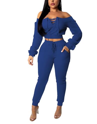 acelyn Sexy 2 Piece Outfits for Women Off Shoulder Lace Up Long Sleeve Crop Top Pants Sets Tracksuit Casual Sweatsuit