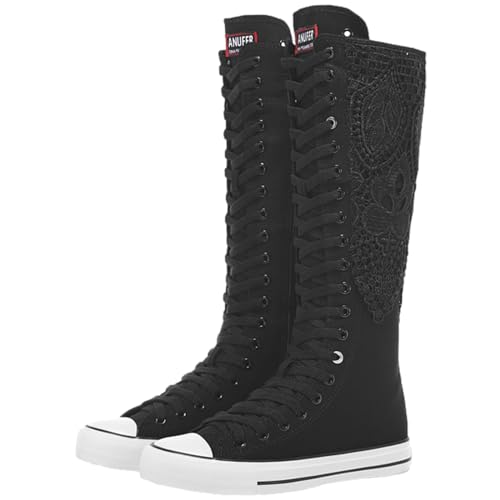 Image of ANUFER Women Fashion Canvas Dance Boots Knee High Bicycling Boots Girls Fancy School Shoes