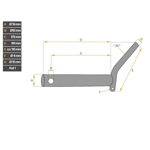 Oberlenkerbolzen | Kat 1 | 175 mm Nutzlänge | mit Kette & Splint | Steckbolzen | Oberlenker | Sicherungsbolzen | für Klappsplint | Kategorie 1 | Bolzen | Gerätebolzen | Dreipunkt