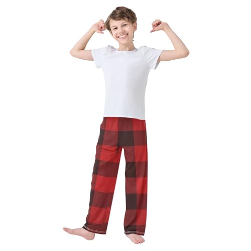 Red and Black Plaid Boys Long Pants Soft Trousers Elastic Waist Kids Lounge Bottoms with Pockets S-XL2
