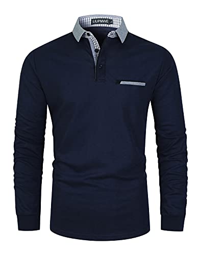 Camiseta polo para hombre de manga larga, estilo clásico con cuello a cuadros, ajuste slim, 100 % algodón miniatura 1
