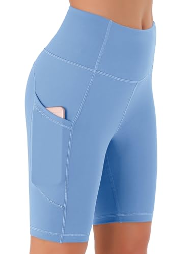 Image of JOYSPELS Cycling Shorts Women with Pockets High Waisted Non See Through Womens Activewear Shorts for Gym Workout Running Yoga Sport Exercise UK Light Blue M