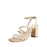 DREAM PAIRS Women's Heels Chunky Block Strappy Square Open Toe Ankle Buckle Heeled Sandals Wedding Party Dress Shoes Indie,Size 9,Nude,SDHS2428W