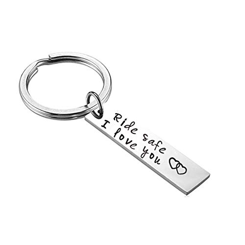 Photo de AMDXD Keychain Car, Porte-Clés en Acier Inoxydable Plaque Militaire Gravure Ride safe, I love you, Argent, 4.5 X 1CM