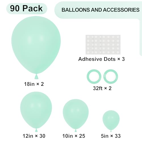 Image of Voircoloria 90pack Mint Green Balloons Different Size 18 /12 /10 /5 Inch Pastel Green Balloon Garland Arch Kit for Baby Shower,Graduation, Wedding, Birthday, Gender Reveal, New Year Decorations
