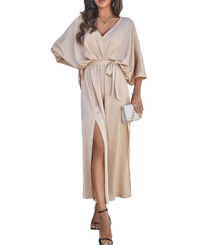 Image of SEMATOMALA Women's Satin Batwing Sleeve Cocktail Evening A Line Long Dress V Neck Ruched Loose Maxi Dress