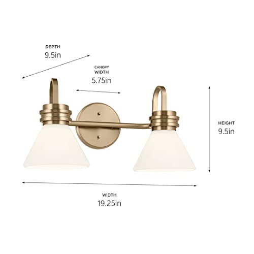 Image of Kichler Farum 2-Light Bathroom Vanity Light Fixture with Opal Glass Shades in Champagne Bronze, Modern Wall Mount Over Mirror for Powder Room (19.25 inch W x 9.5 inch H), 55154CPZ