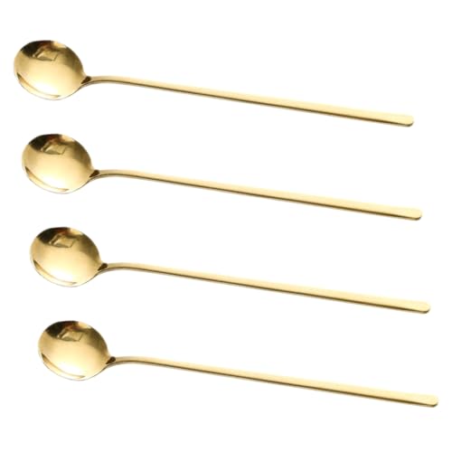 Cabilock 4個 ステンレス製長柄攪拌スプーン 金色 デザート 蜂蜜用 滑らかで耐久性のあるアイス ティースプーン