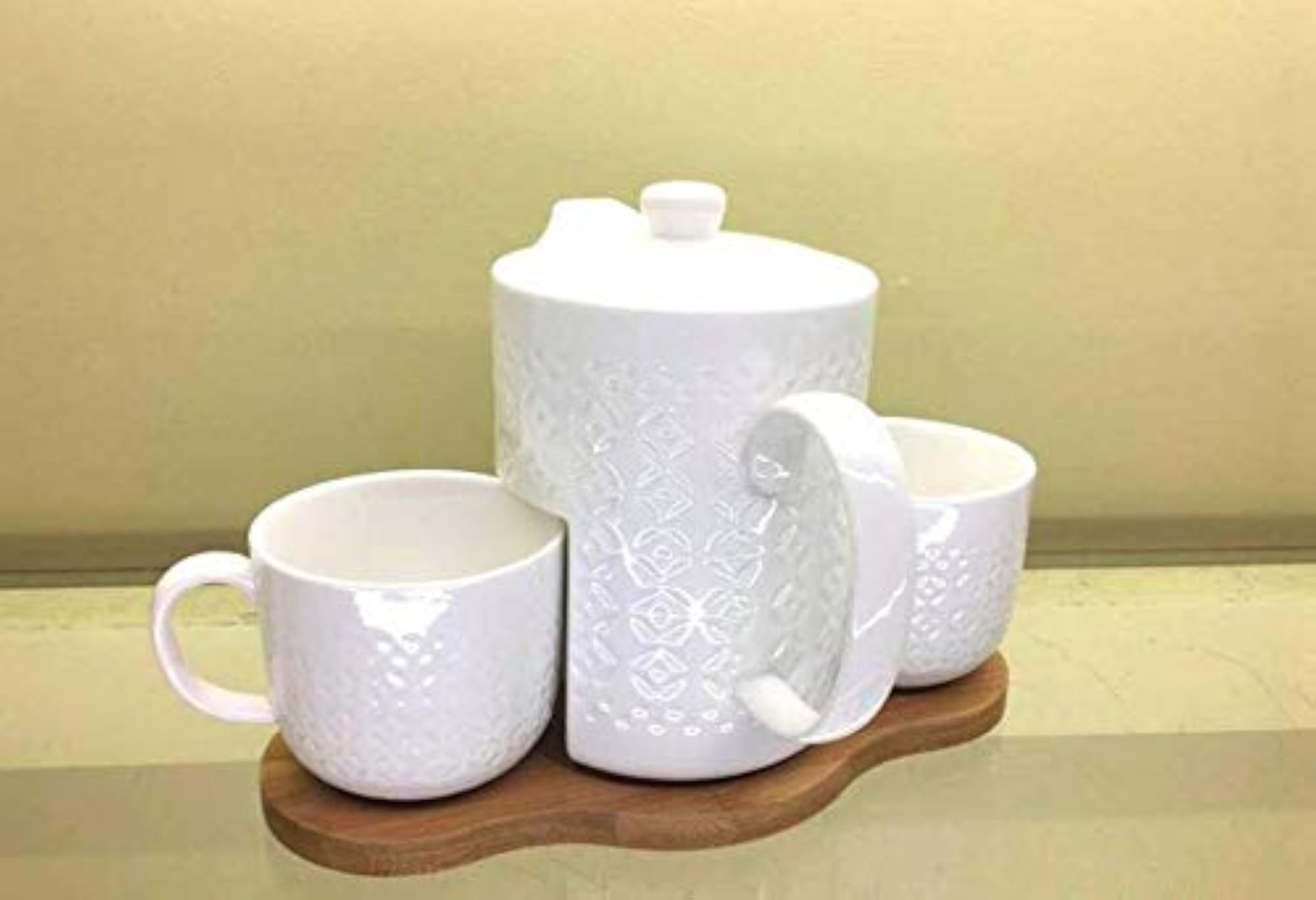 Brings White Ceramic Buckle Up Tea Cup Set with Serving Pitcher