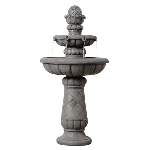Teamson Home Fontaine Bain d’Oiseaux extérieure 99 cm à 2 Niveaux, Bassin Peu Profond, Finition Pierre Gris Clair, Flux Doux