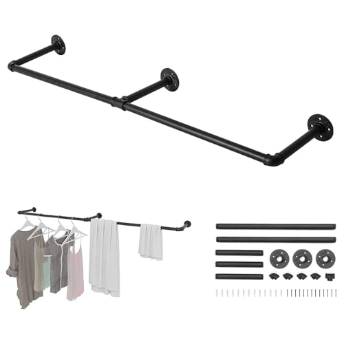 200cm Kleiderständer für die Wand Industrielle Kleiderstange zur Wandmontage Robuste Garderobenstange aus Metallrohr Platzsparend Wandhänger für Flure Wohnzimmer Schlafzimmer (Schwarz)